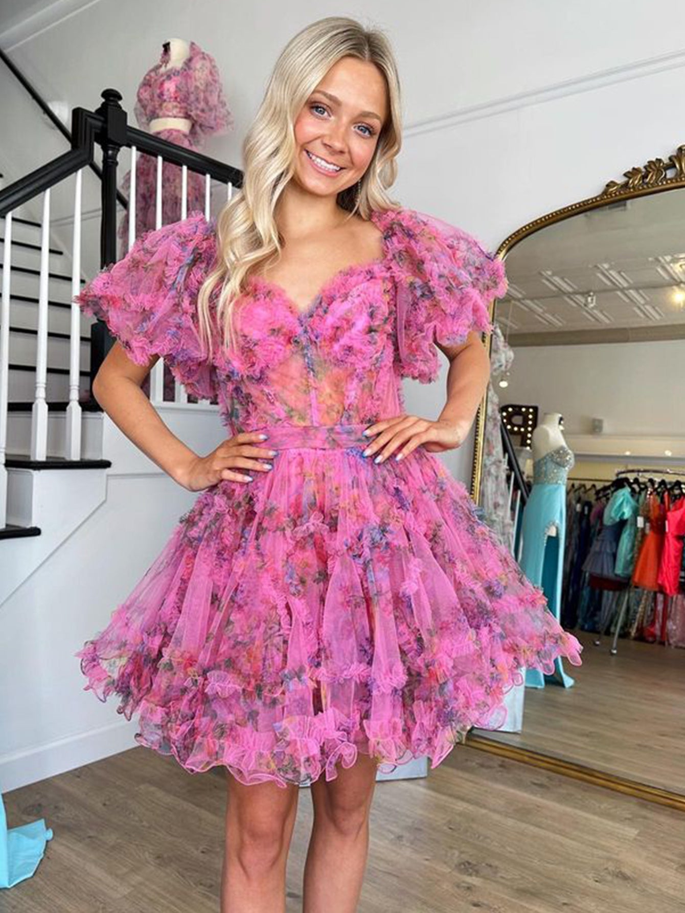 A Line Off the Shoulder Floral Printed Homecoming Dress