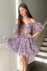 A Line Off the Shoulder Printed Homecoming Dress