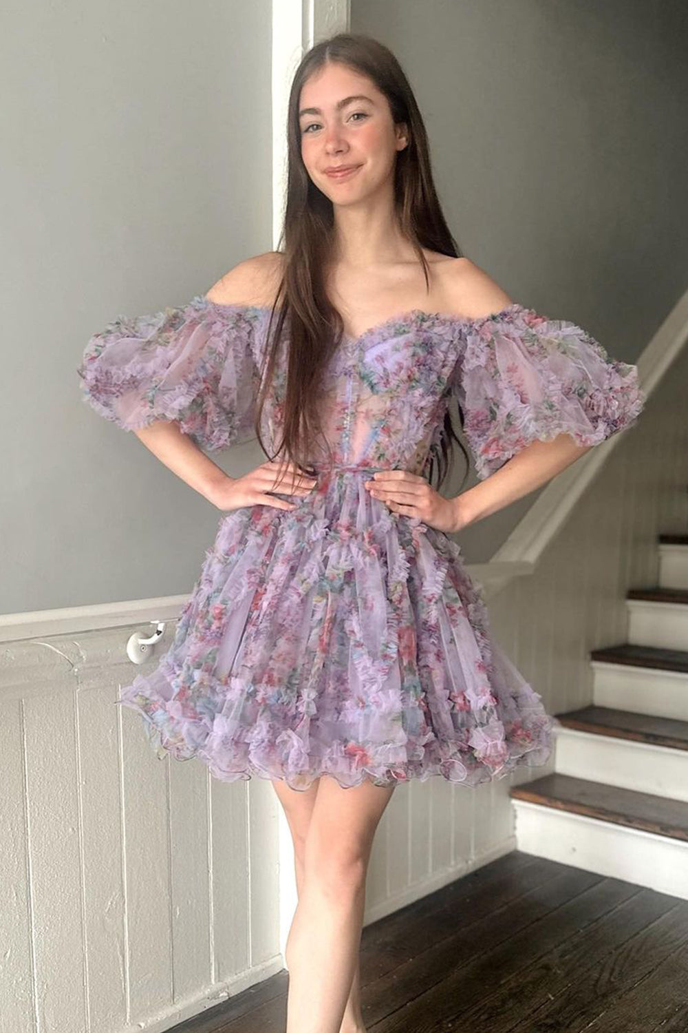 A Line Off the Shoulder Printed Homecoming Dress