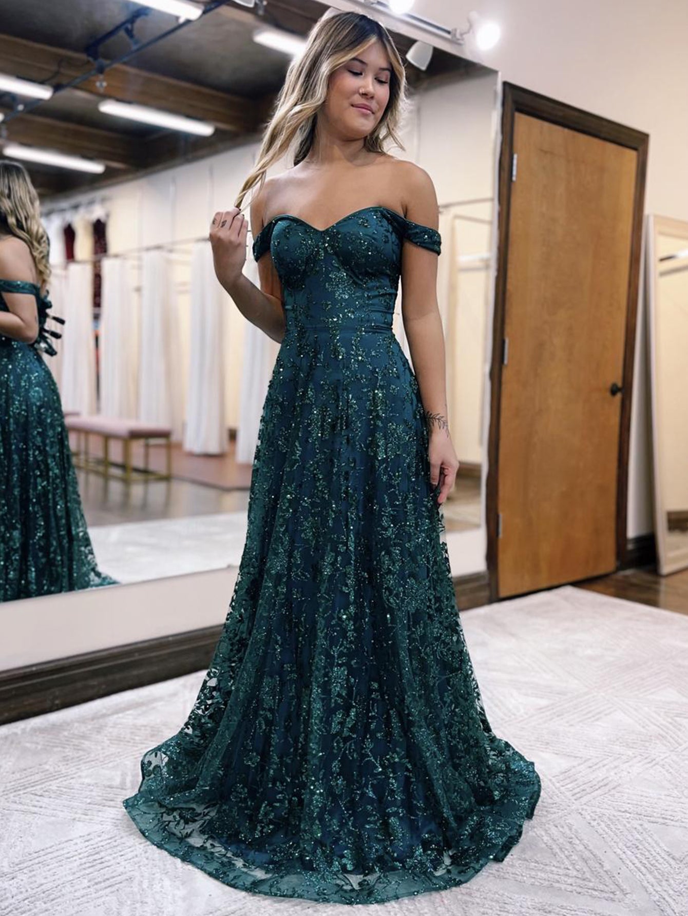 Glitter Mermaid Sheath Off The Shoulder Dark Green Long Prom Dress