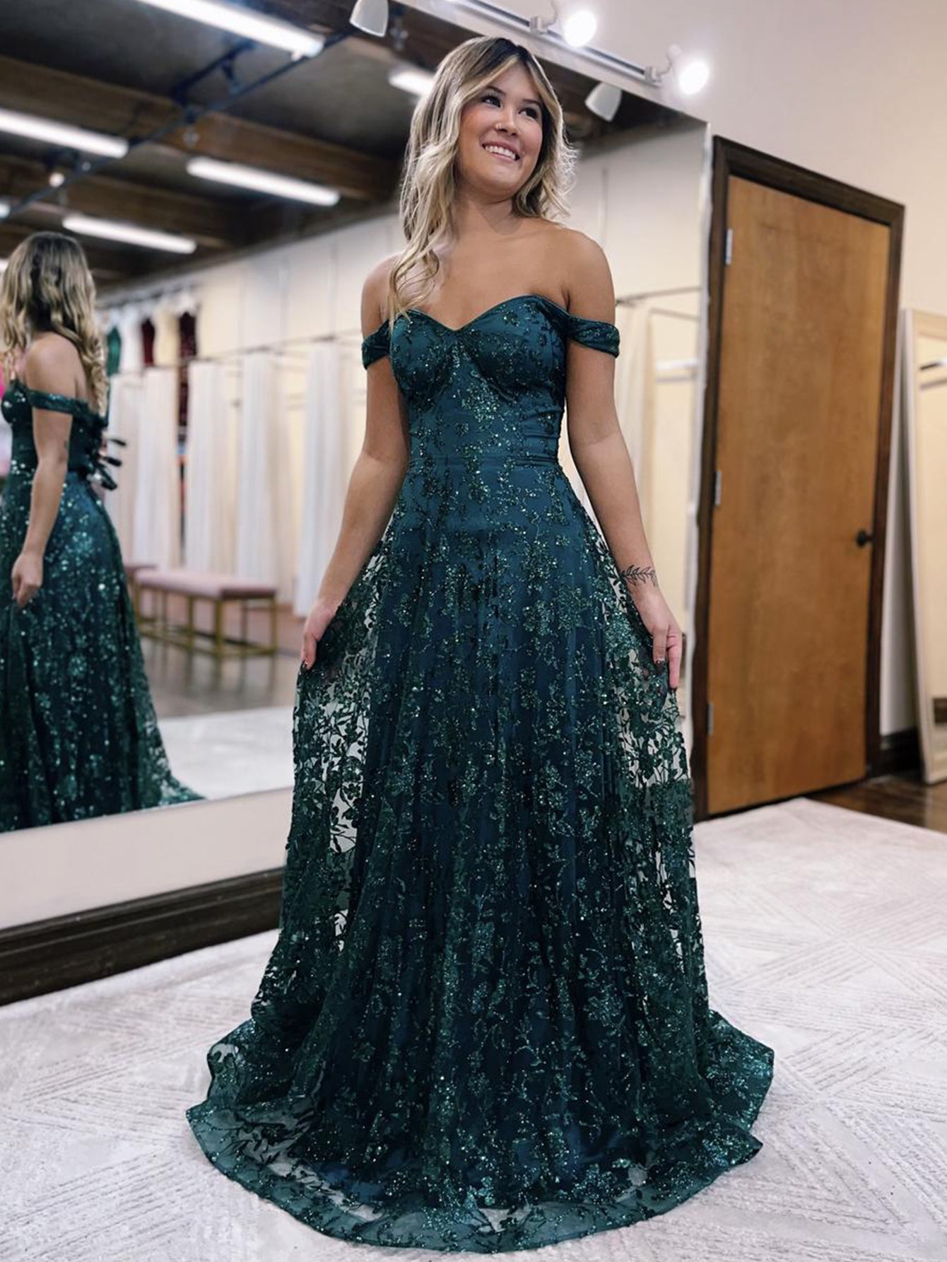 Glitter Mermaid Sheath Off The Shoulder Dark Green Long Prom Dress