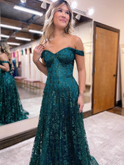 Glitter Mermaid Sheath Off The Shoulder Dark Green Long Prom Dress