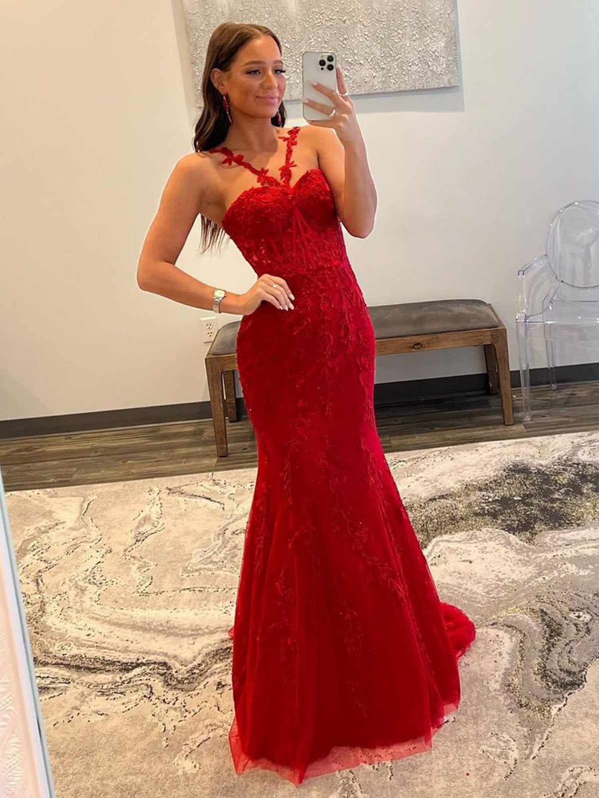 Red Mermaid Sheath Halter Lace Mermaid Sheath Long Prom Dress