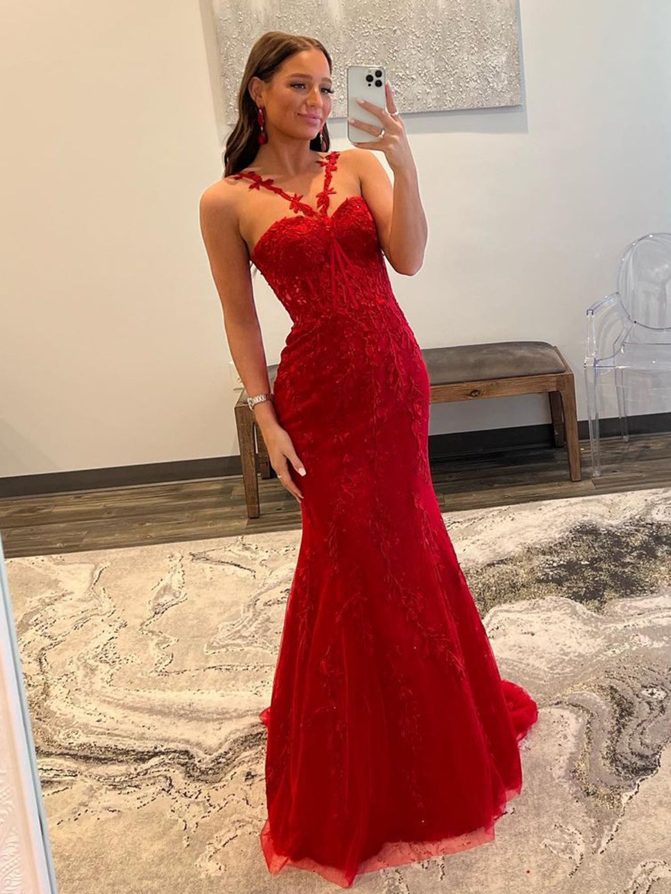 Red Mermaid Sheath Halter Lace Mermaid Sheath Long Prom Dress