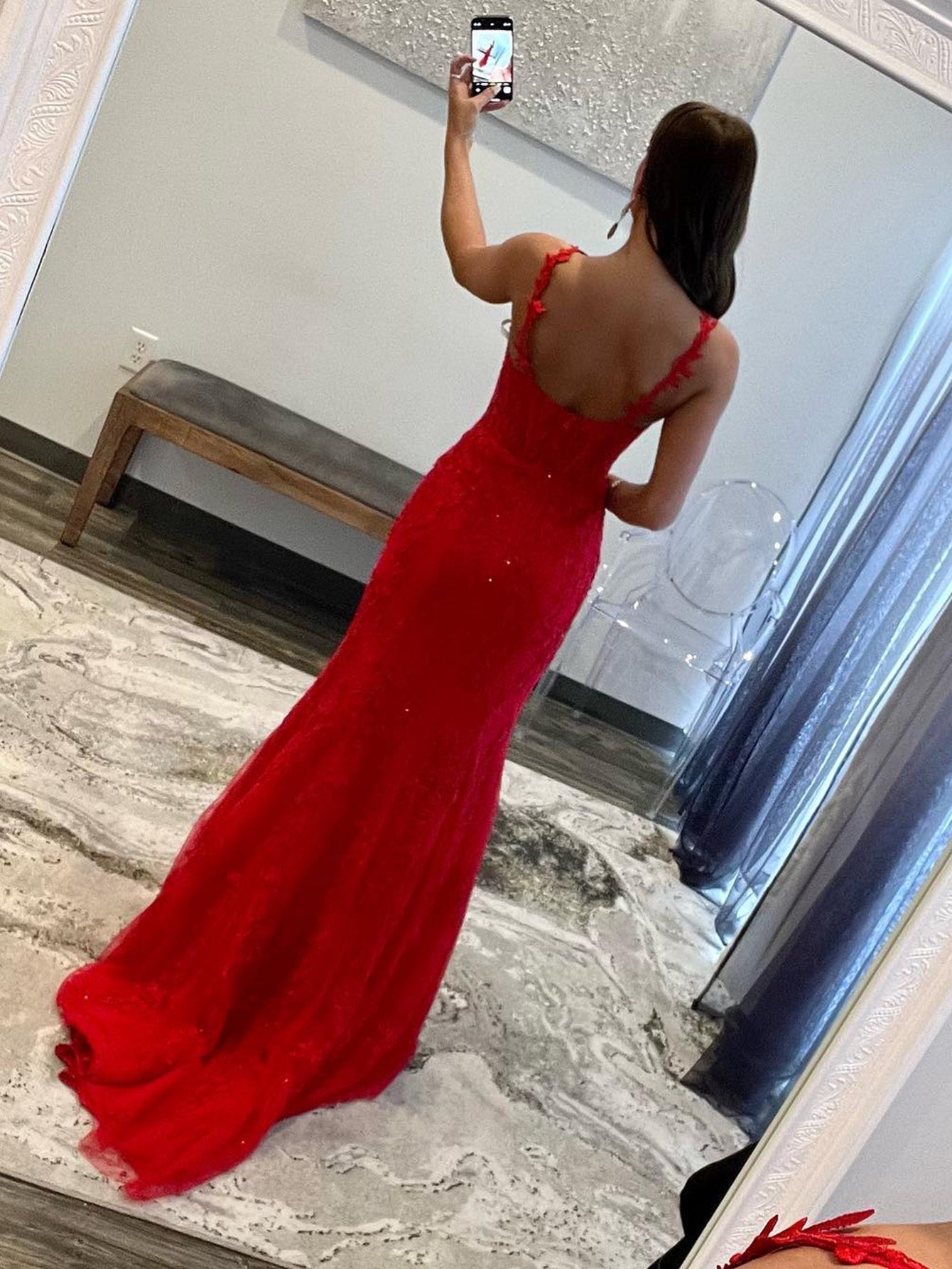 Red Mermaid Sheath Halter Lace Mermaid Sheath Long Prom Dress