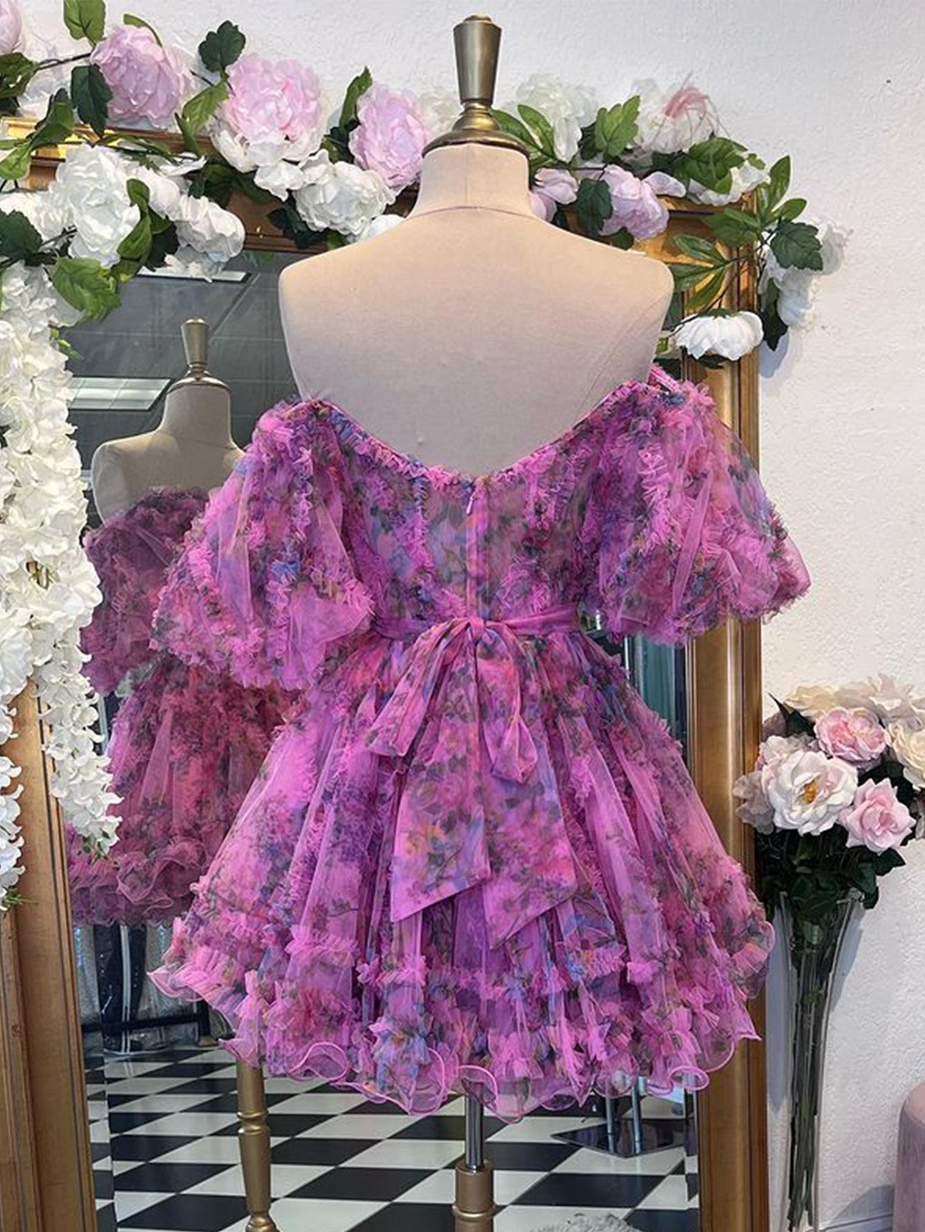 A Line Off the Shoulder Floral Printed Homecoming Dress