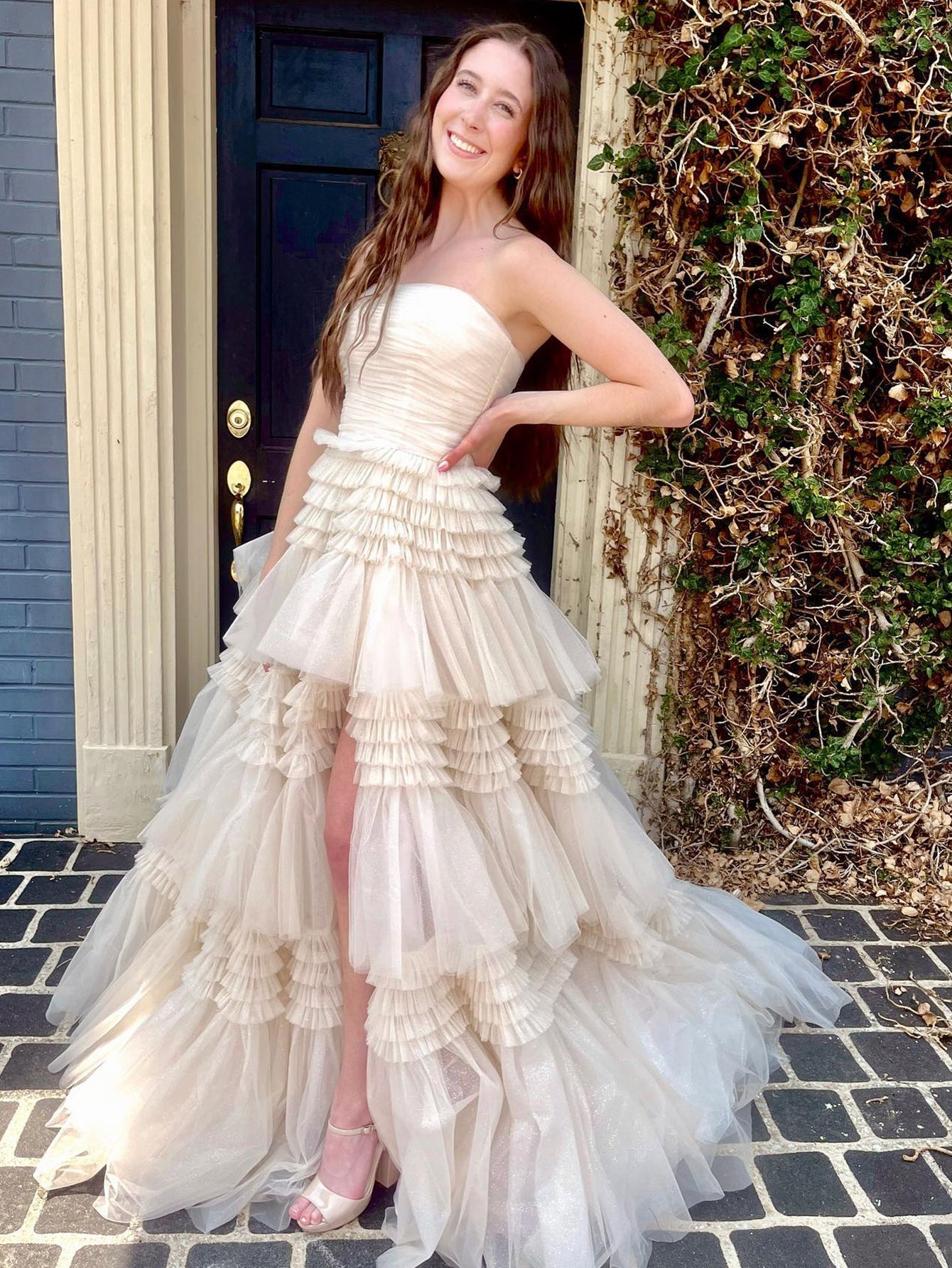 A-Line Strapless Tulle Long Prom Dress with Ruched Ruffles