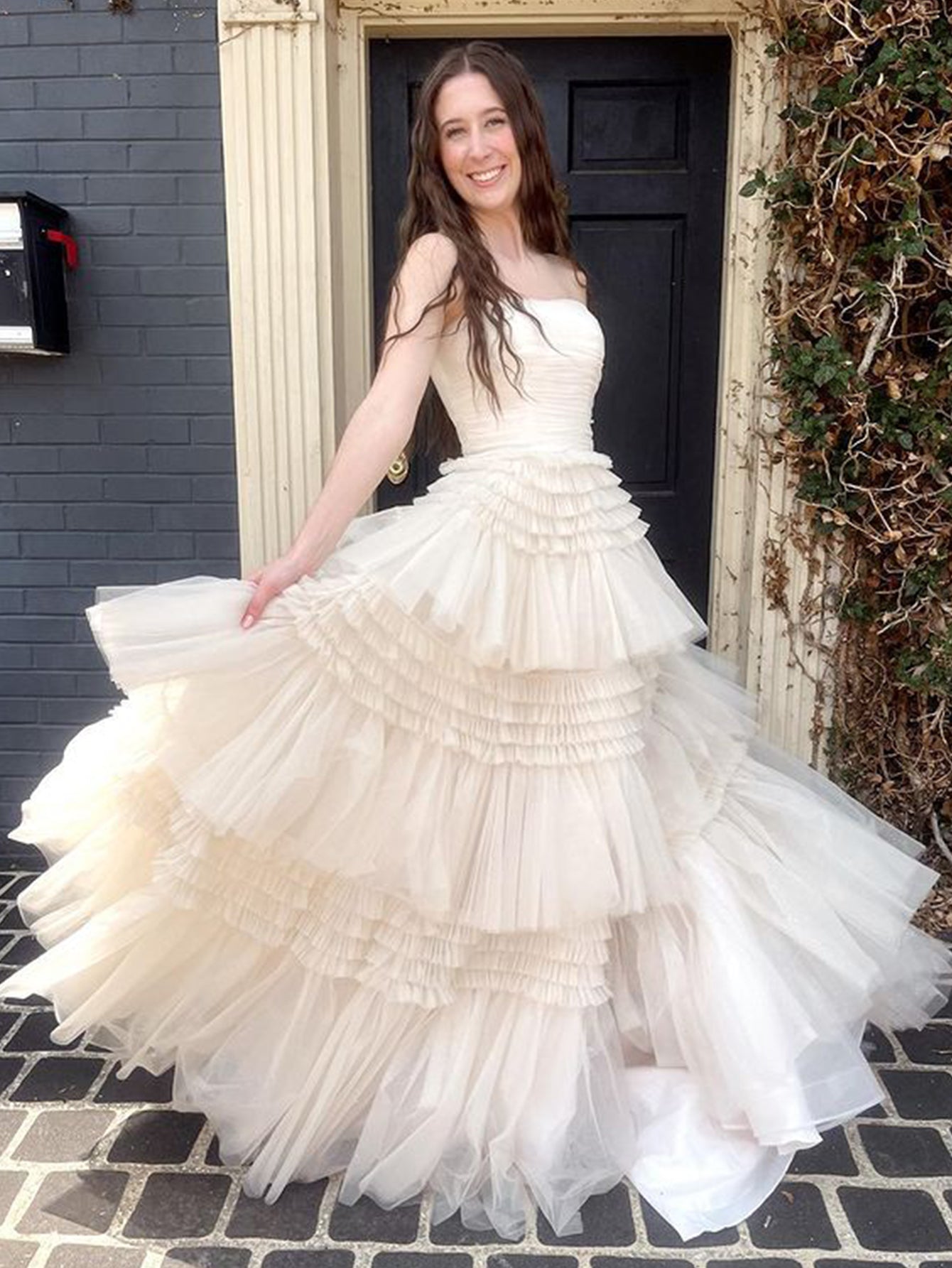 A-Line Strapless Tulle Long Prom Dress with Ruched Ruffles