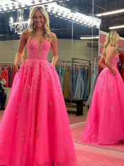 V Neck Cute Pink A Line Lace Long Prom Dress