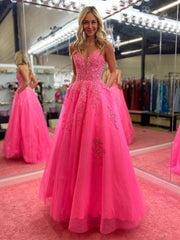 V Neck Cute Pink A Line Lace Long Prom Dress