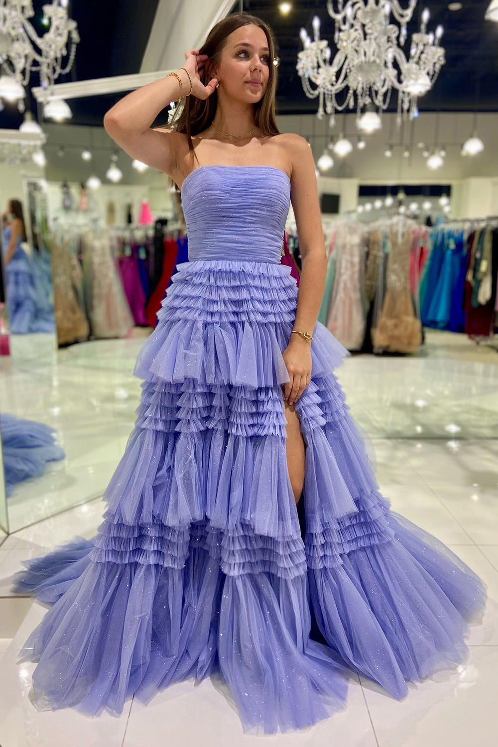 A-Line Strapless Tulle Long Prom Dress with Ruched Ruffles