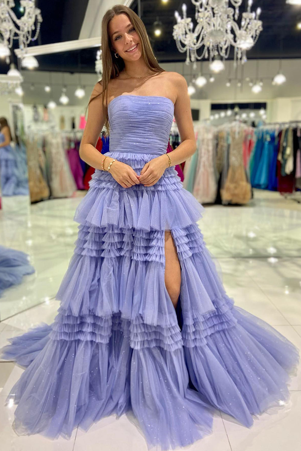 A-Line Strapless Tulle Long Prom Dress with Ruched Ruffles