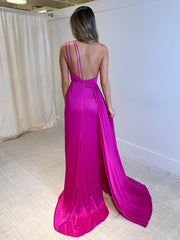 Mermaid Sheath One Shoulder Fuchsia Long Prom Dress