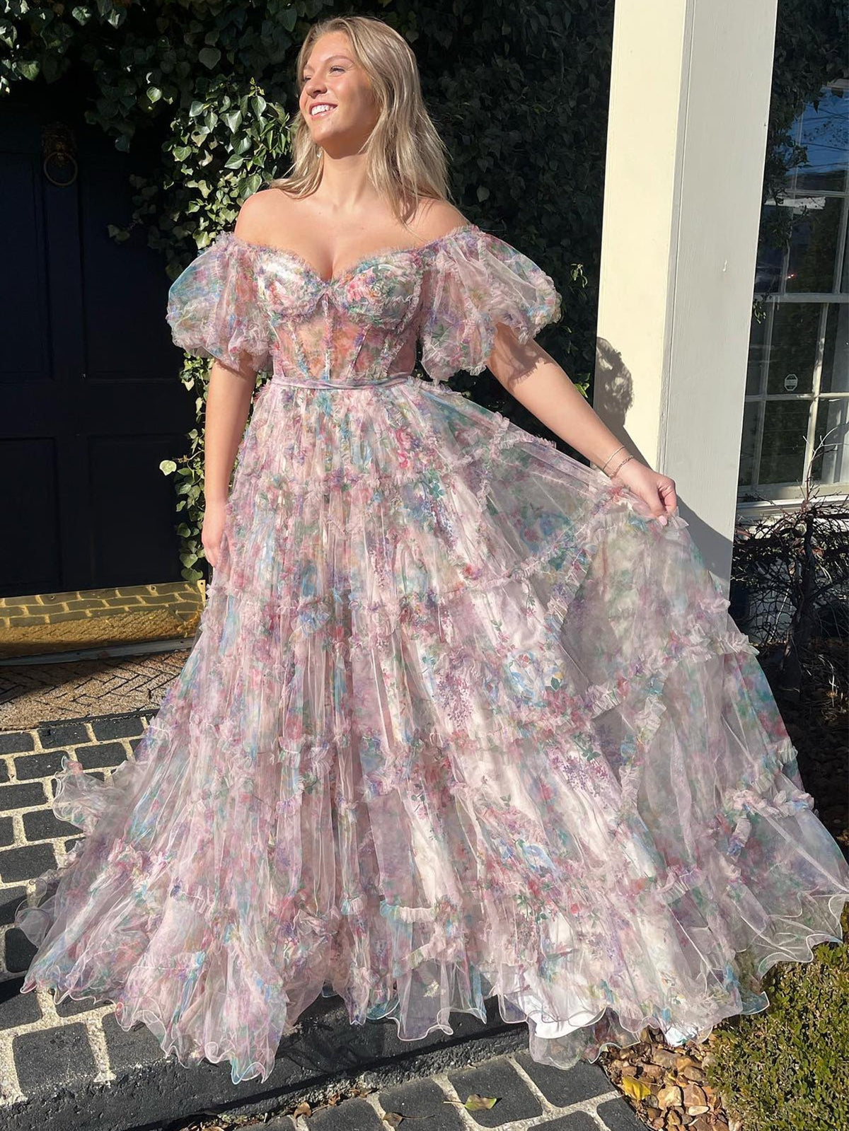 A Line Sweetheart Printed Tulle Long Prom Dress