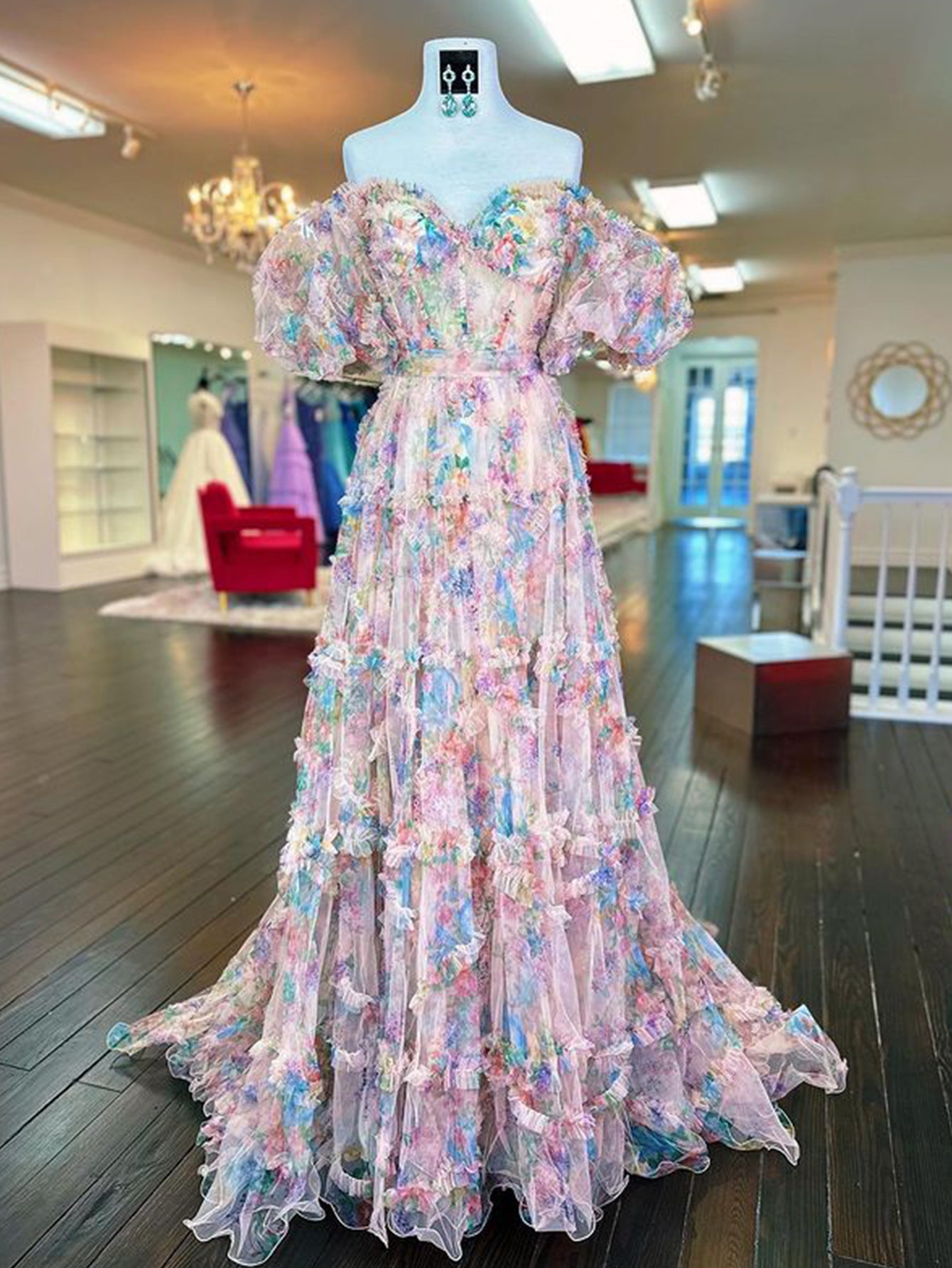 A Line Sweetheart Printed Tulle Long Prom Dress