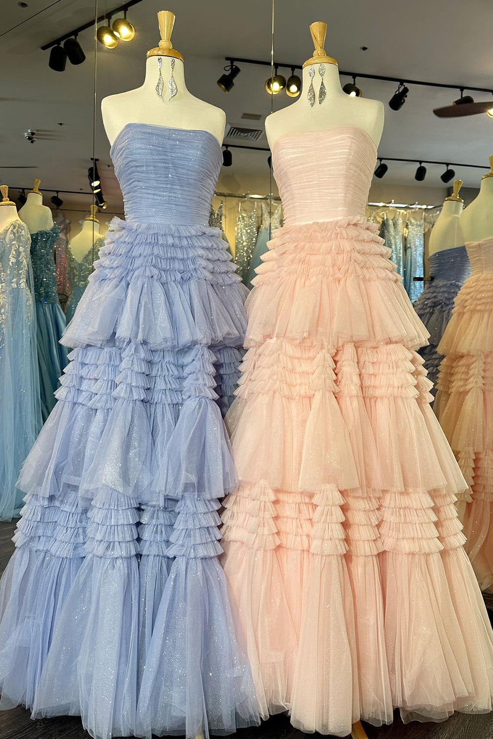 A-Line Strapless Tulle Long Prom Dress with Ruched Ruffles