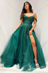 Glitter Emerald Appliqued Off-the-Shoulder A-Line Long Prom Dress