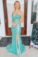 Light Jade Sequin Lace-Up Back Mermaid Sheath Long Prom Dress