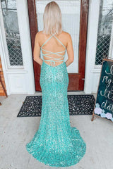 Light Jade Sequin Lace-Up Back Mermaid Sheath Long Prom Dress