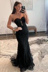 Black Sweetheart Lace Appliqued Mermaid Sheath Long Prom Dresses