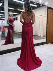 Mermaid Sheath V Neck Glitter Jersey Long Prom Dress with Slit