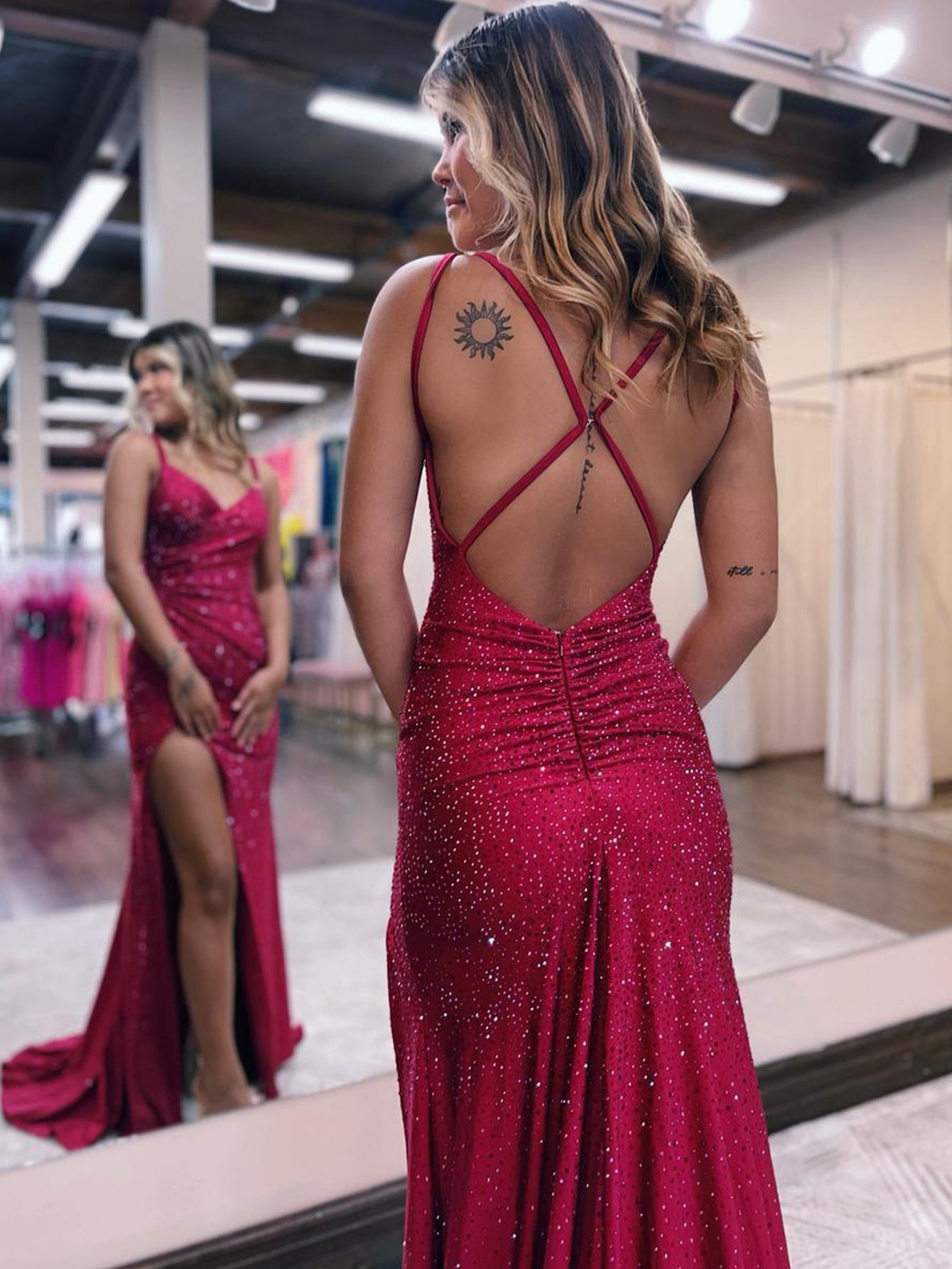 Mermaid Sheath V Neck Glitter Jersey Long Prom Dress with Slit