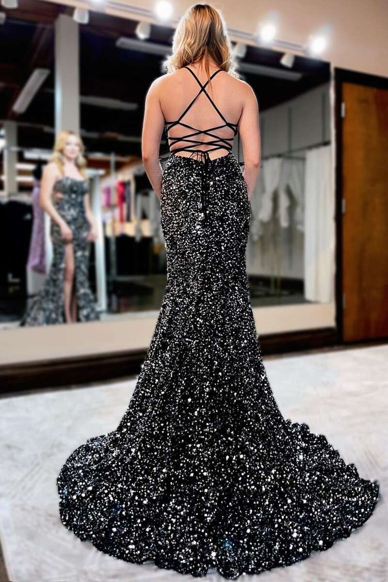 Sequin Lace-Up Back Mermaid Sheath Long Prom Gown with Slit.