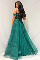 Glitter Emerald Appliqued Off-the-Shoulder A-Line Long Prom Dress