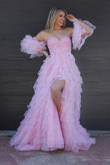 A line Sweetheart Glitter Tulle Prom Dress with Slit