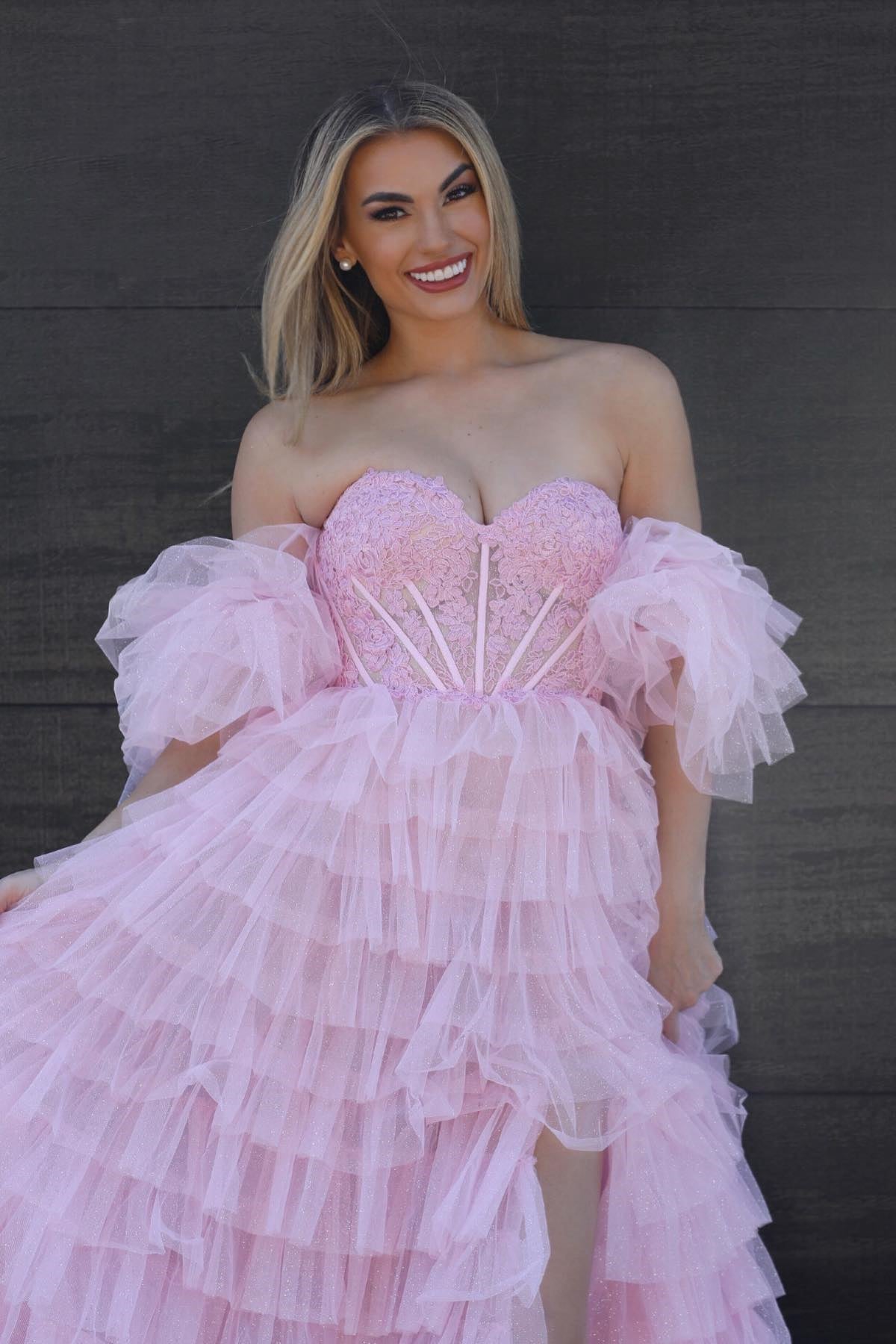 A line Sweetheart Glitter Tulle Prom Dress with Slit