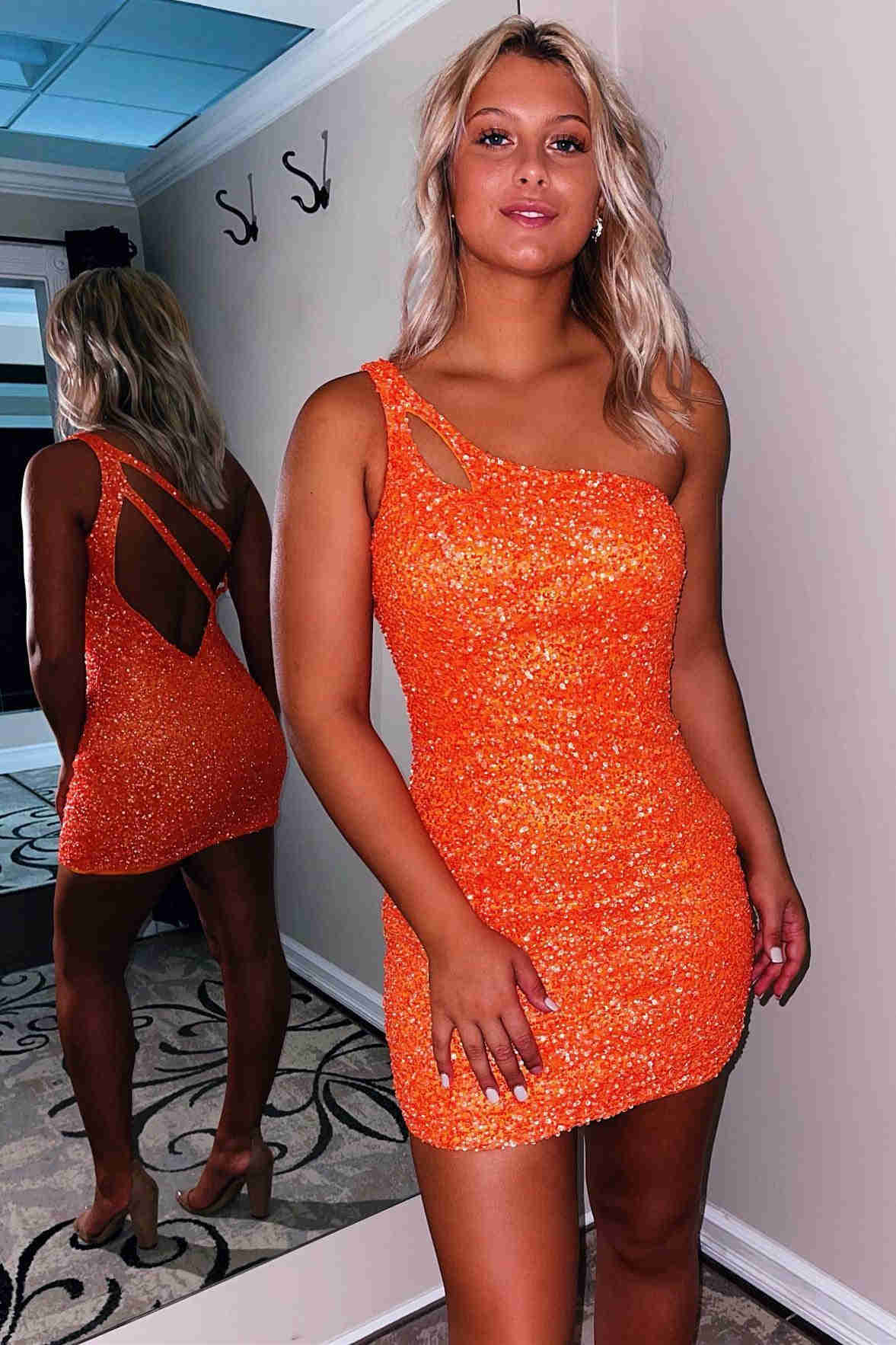 Magdalene |Sparkly  Bodycorn One Shoulder Sequins Short Homecoming Dress with Keyhole