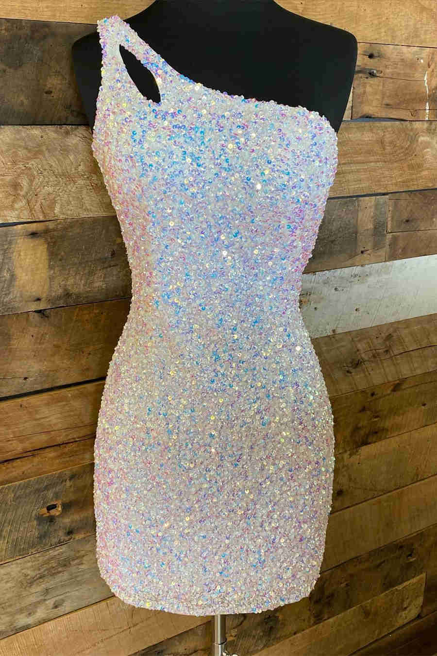 Magdalene |Sparkly  Bodycorn One Shoulder Sequins Short Homecoming Dress with Keyhole