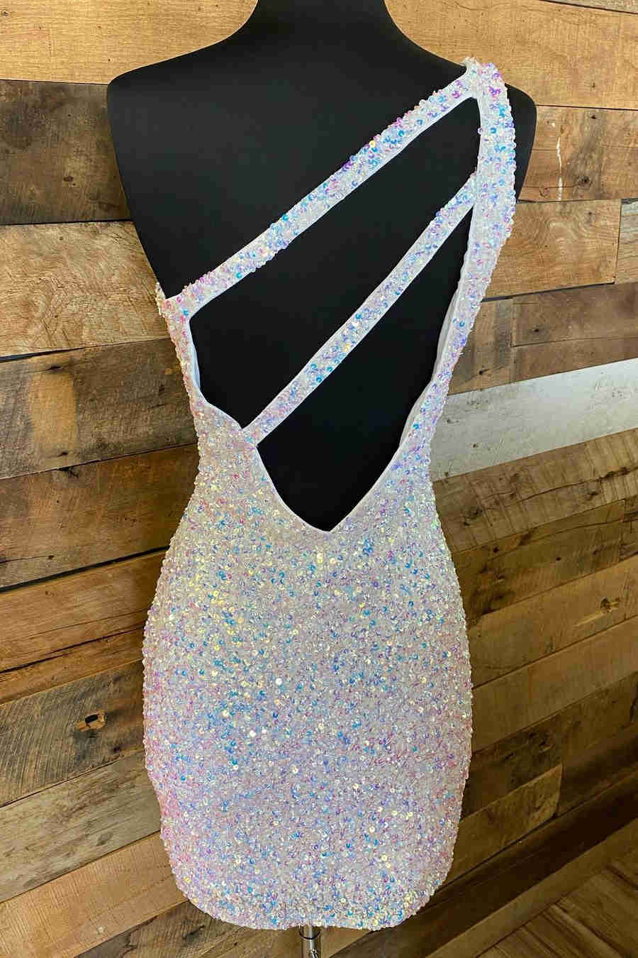 Magdalene |Sparkly  Bodycorn One Shoulder Sequins Short Homecoming Dress with Keyhole