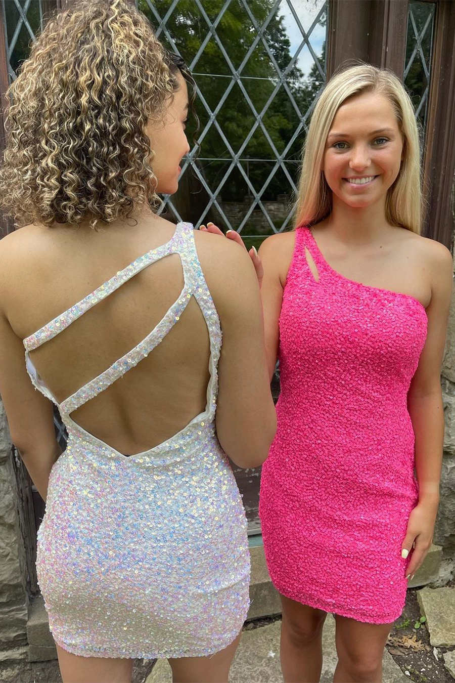 Magdalene |Sparkly  Bodycorn One Shoulder Sequins Short Homecoming Dress with Keyhole