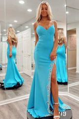 Blue Beaded V-Neck Backless Mermaid Sheath Long Prom Dress with Slit