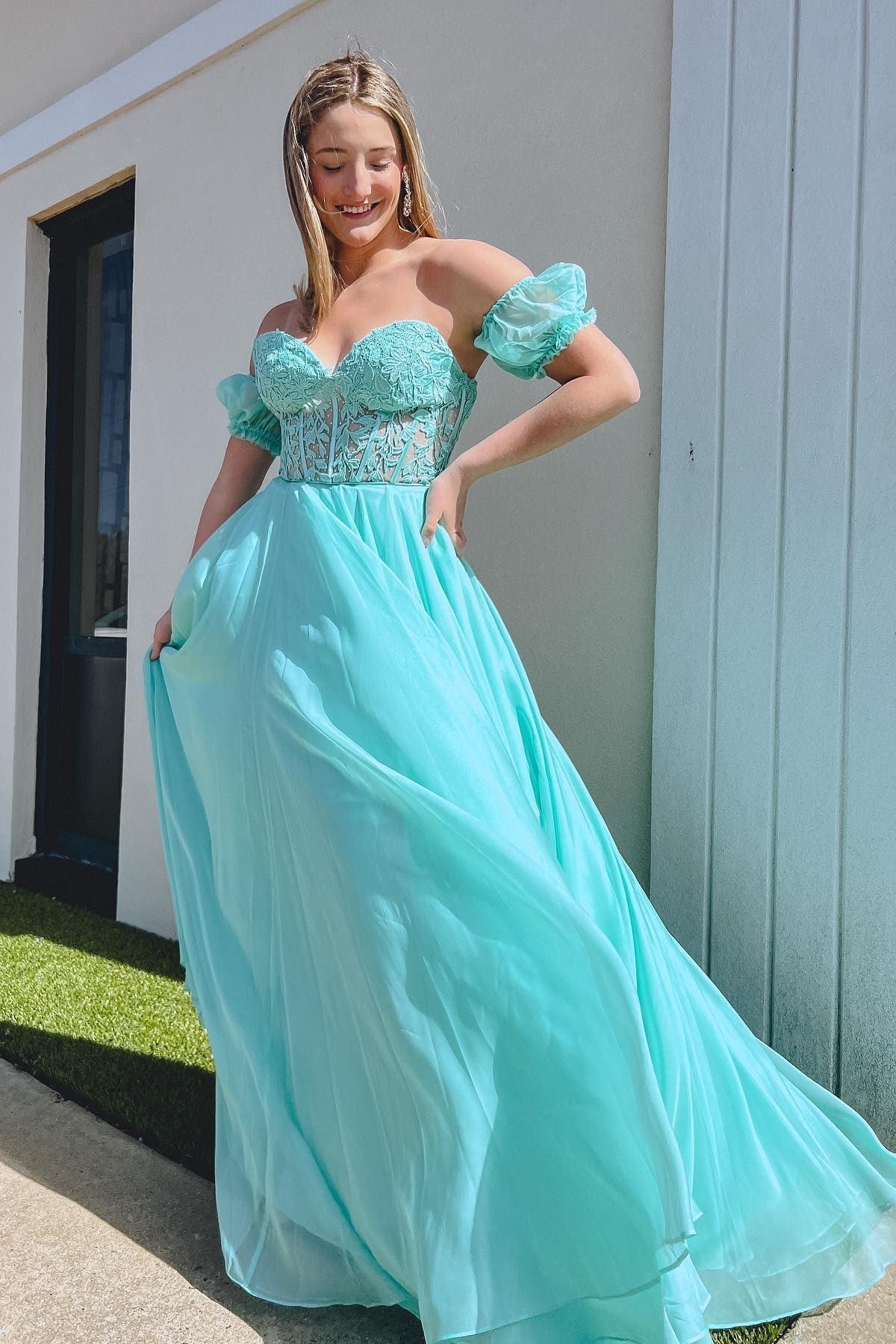 A line Sweetheart Chiffon Prom Dress with Puff Sleeves