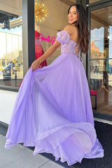 A line Sweetheart Chiffon Prom Dress with Puff Sleeves