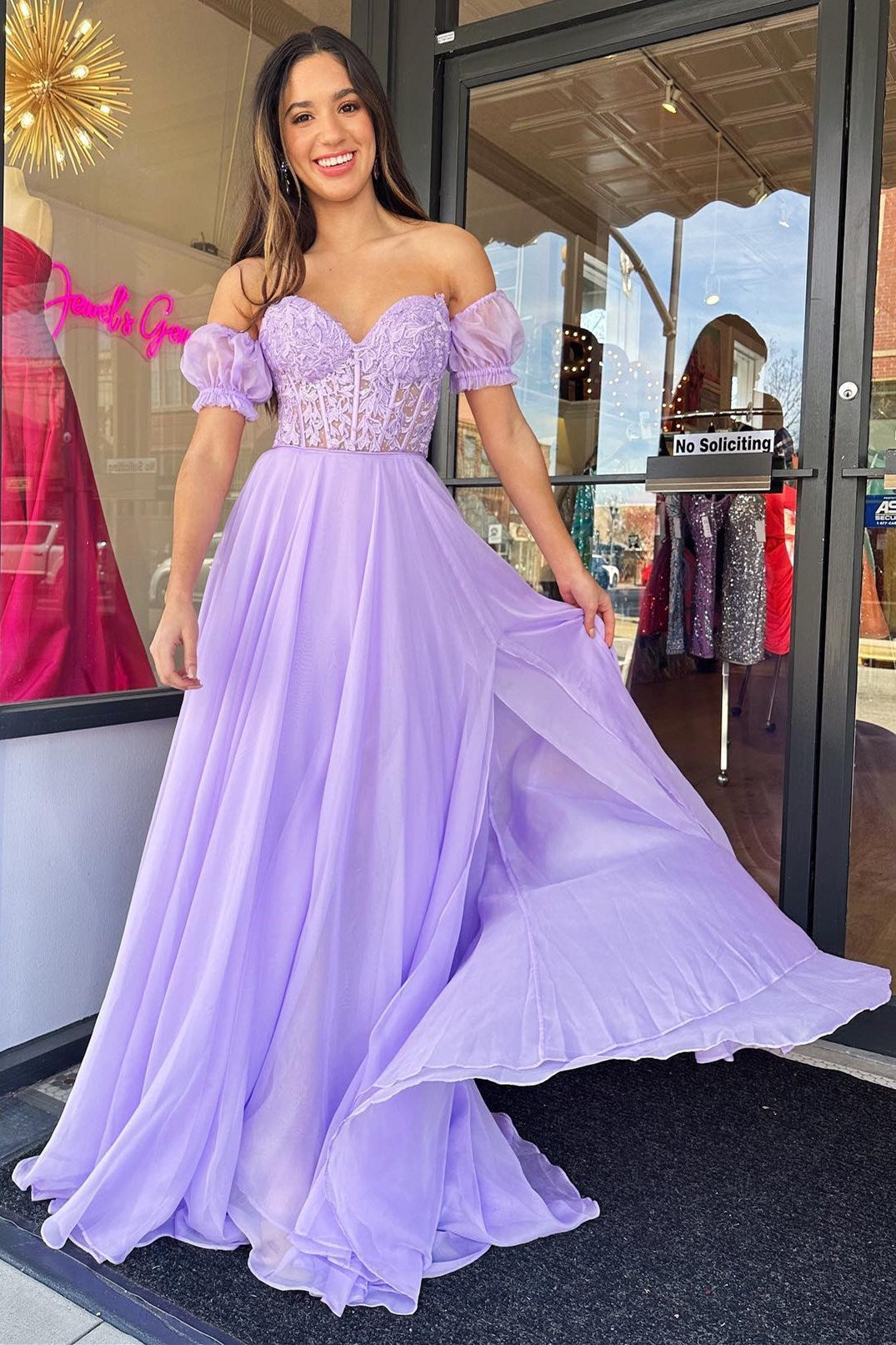 A line Sweetheart Chiffon Prom Dress with Puff Sleeves