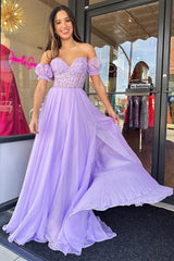 A line Sweetheart Chiffon Prom Dress with Puff Sleeves