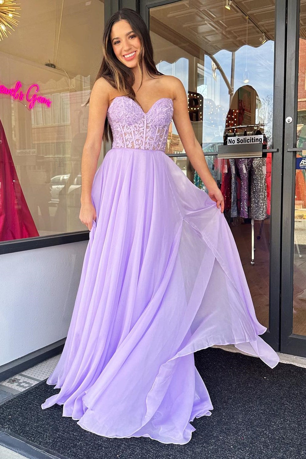 A line Sweetheart Chiffon Prom Dress with Puff Sleeves