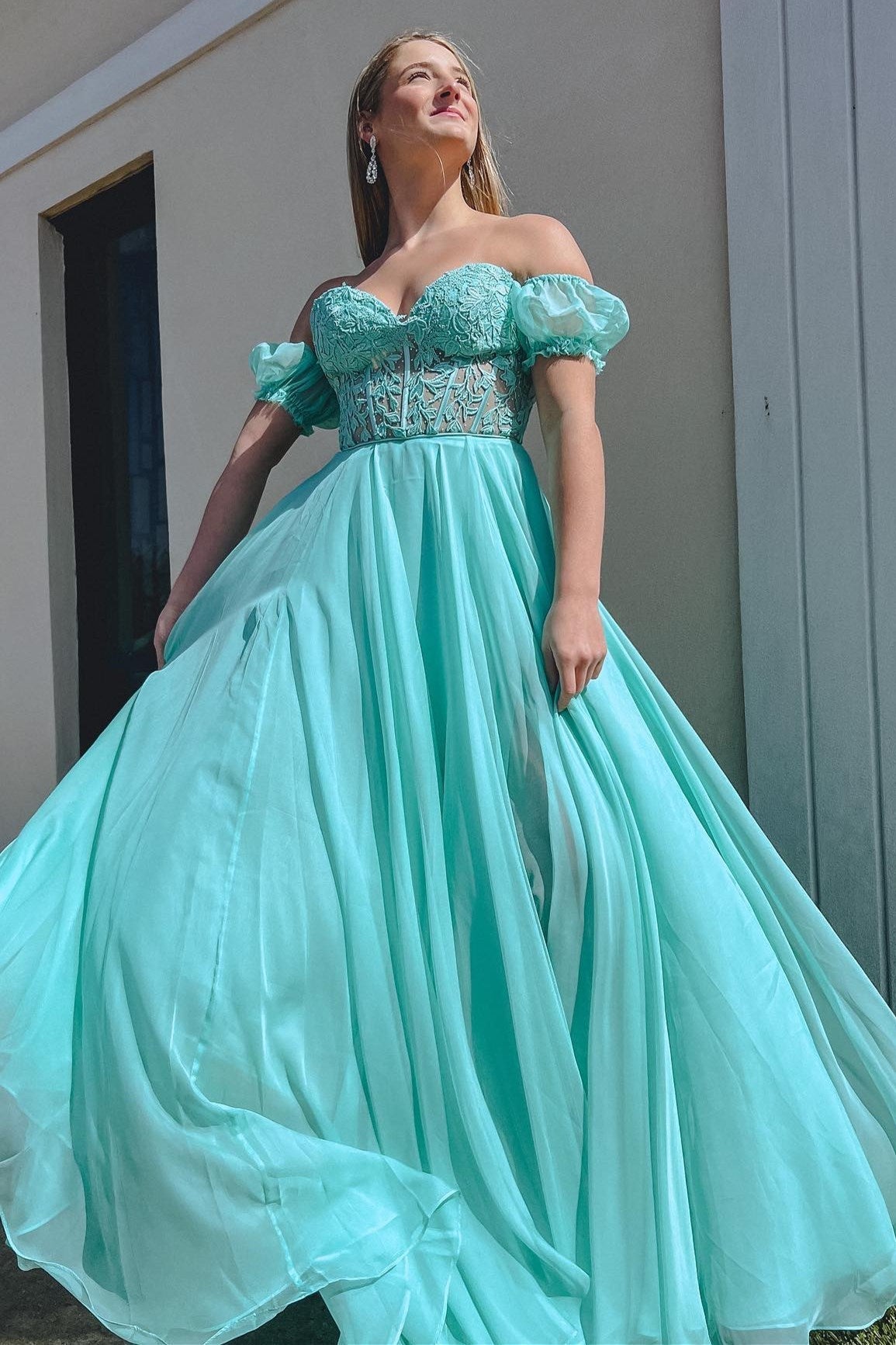 A line Sweetheart Chiffon Prom Dress with Puff Sleeves