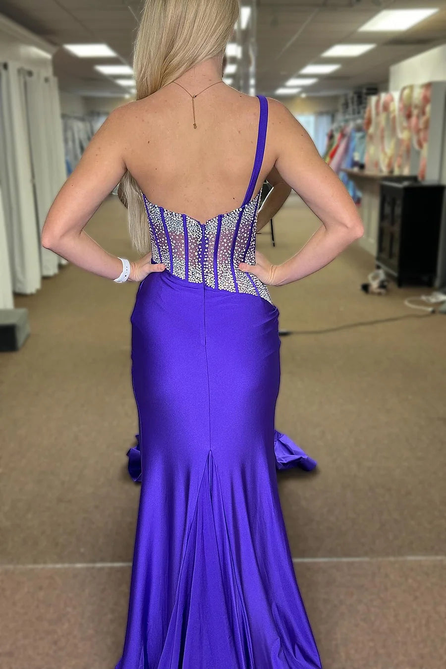 Blue Mermaid Sheath One Shoulder Long Prom Dresses with Beaded