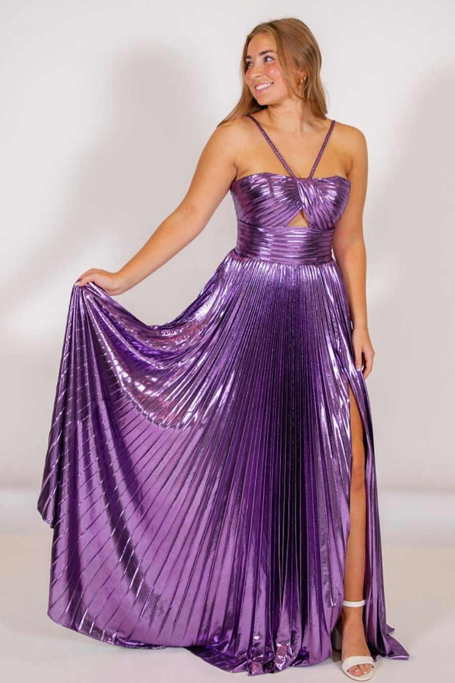 Metallic Keyhole Spaghetti Strap Long Prom Dress with Slit