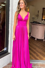 A-Line V-Neck Fuchsia Pleated Long Prom Dress