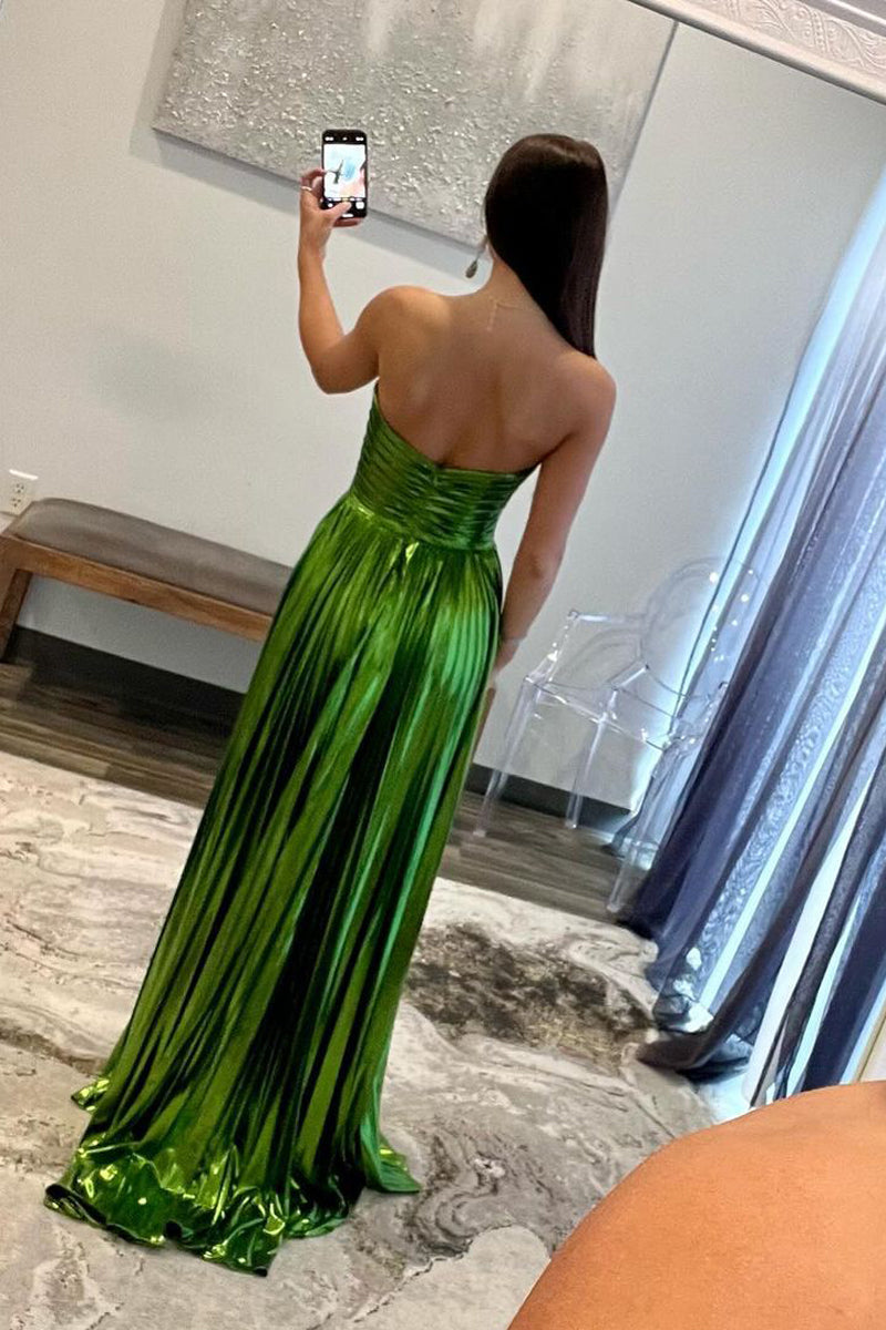 Green Metallic Strapless Pleated A-Line Long Prom Dresses