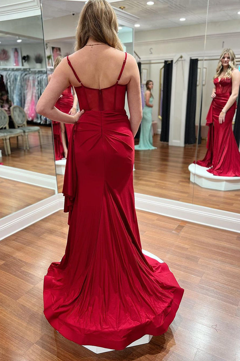 Dark Red Sweetheart Satin Mermaid Sheath Long Prom Dresses with Slit