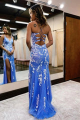 Glitter Blue Mermaid Sheath Lace Long Prom Dress with Slit