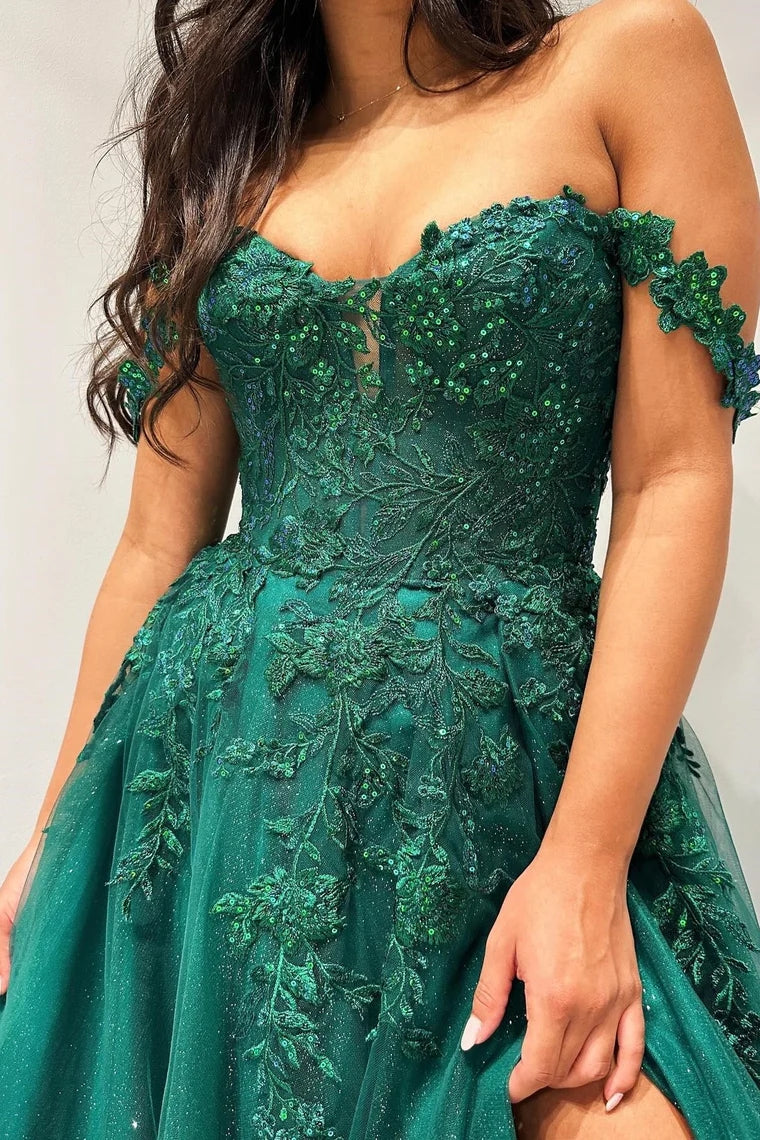 Glitter Emerald Appliqued Off-the-Shoulder A-Line Long Prom Dress