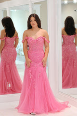 Cute Pink Mermaid Sheath Off the Shoulder Tulle Long Prom Dress with Appliqued