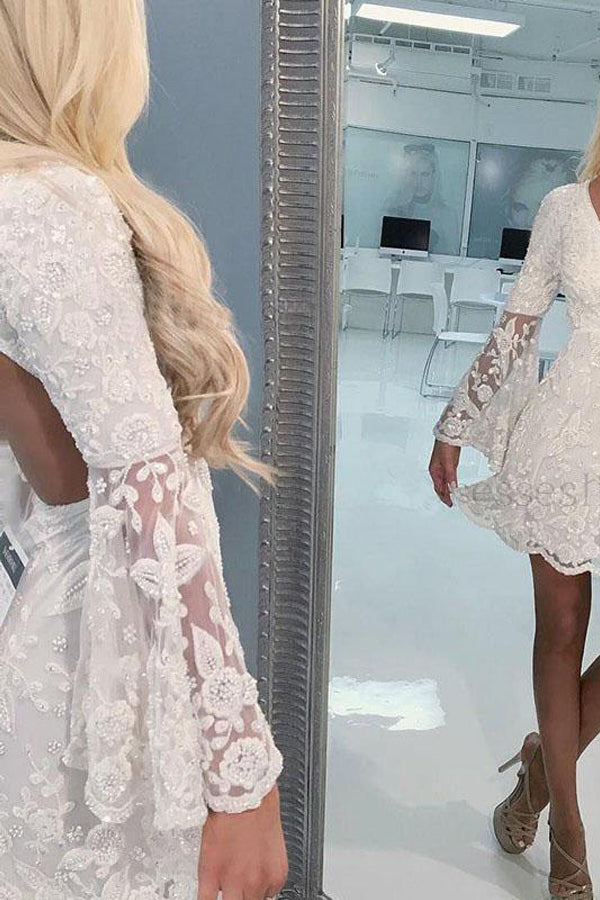 Bell Sleeves Ivory Lace A-Line Short Homecoming Dress Graduation Dresses